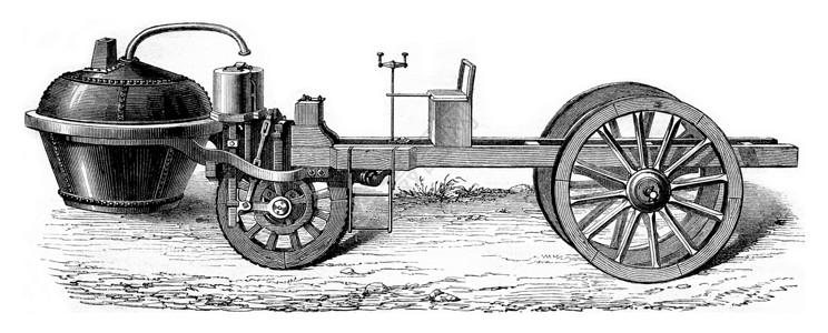 雕刻图LouisXV之下Cugnot的蒸汽车186年MagasinPittorresque的旧式刻画图背景