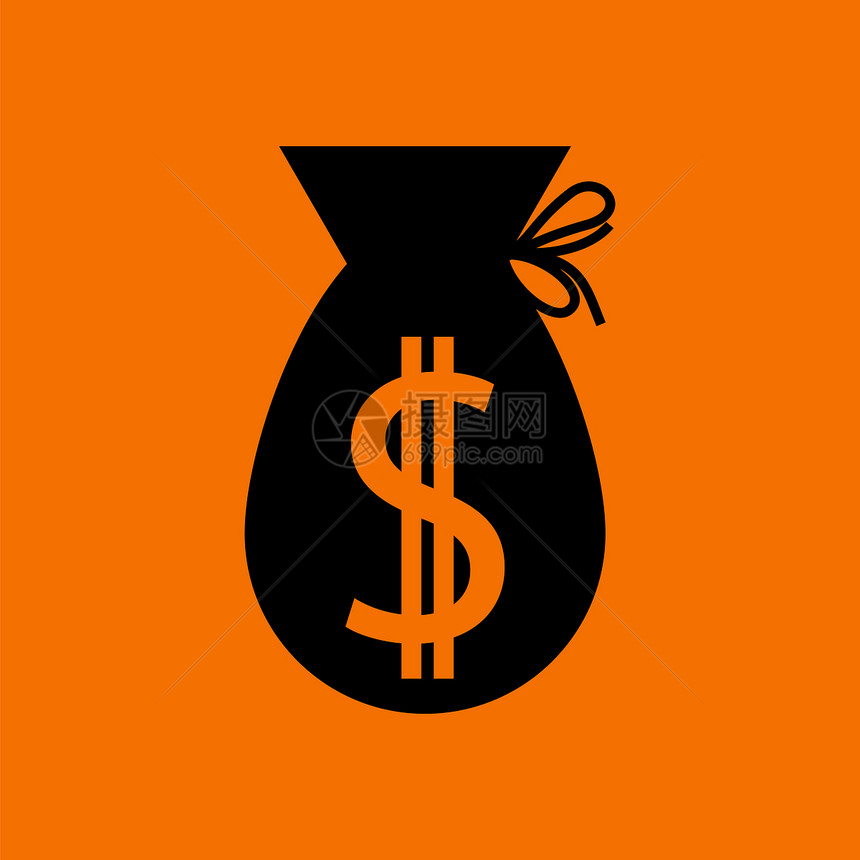 钱袋图标橙色背景的黑矢量说明图片