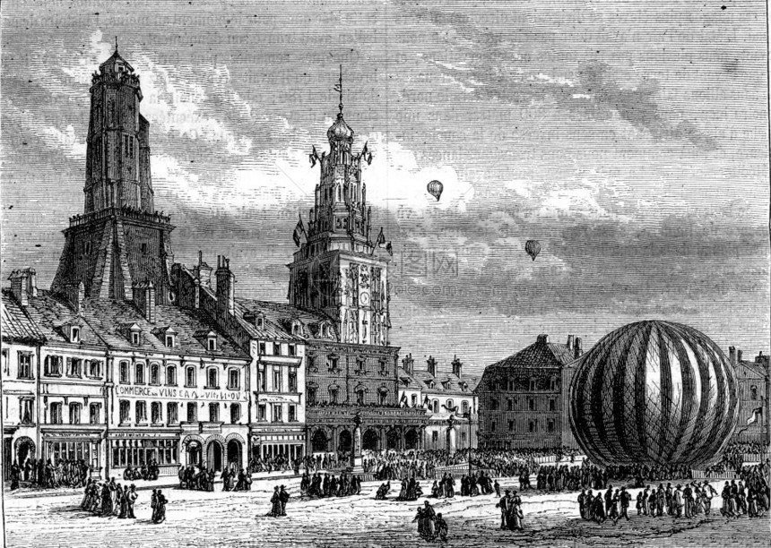 186年月日Neptune气球从PlacedArmesCalais刻有文字的插图MagasinPittoresque1870年图片