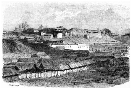 矢量建筑阳Daria塔俄罗斯变形殖民地Pesky沙修道院1875年马加辛皮托雷克背景
