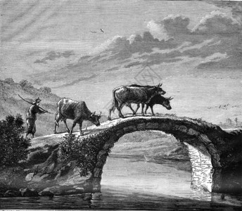 牛先生感到沮丧Dutuit先生的收藏品Rouen在桥上1876年MagasinPittoresque刻有古老的插图背景
