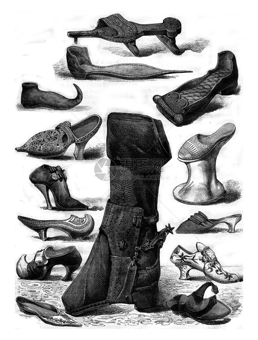 1874年在Costume历史博物馆展出的鞋子1876年在MagasinPittoresque的古代刻画图图片