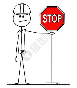 矢量卡动画棒图绘制建筑工人身戴硬帽持有红顶交通或路标的建筑工人概念图图片