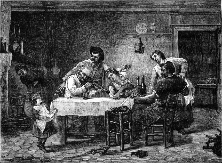 绘画晚饭后古老的雕刻插图187年的MagasinPittoresque图片