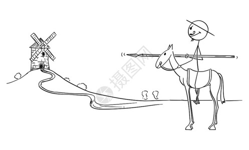 蒙马特矢量卡片插图说明骑马士和风车的背景唐基乔特人物出自MigueldeCervantes撰写的曼查天才绅士吉奥特爵一书米格尔德塞万提插画