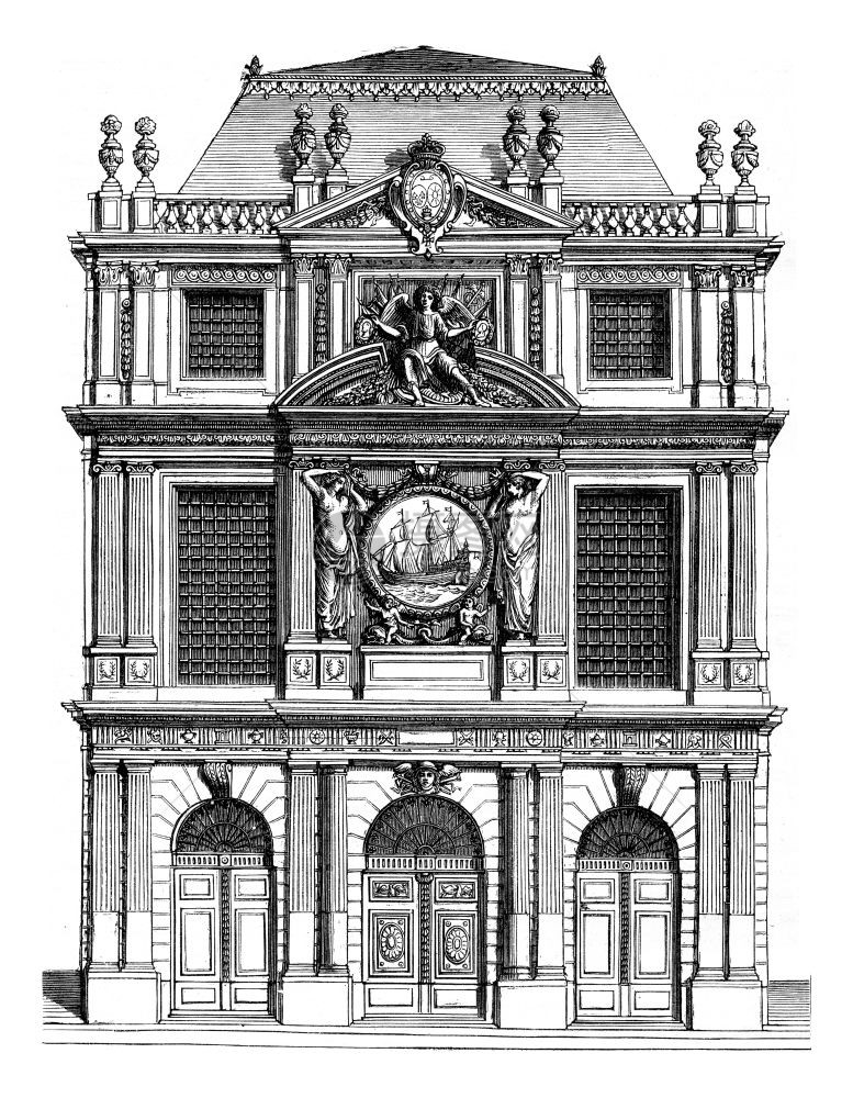 十七世纪巴黎布料商家之的面孔建筑师Bunting刻有古老的插图MagasinPittoresque182年图片