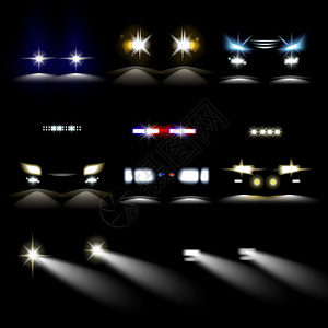 黑色背景上的警用车辆前灯矢量插图背景图片