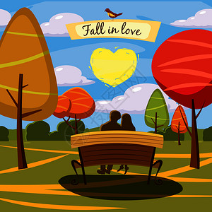 手绘秋季景观公园长椅情侣插画宣传册图片