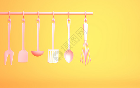 黄色背景的粉红厨房餐具3D插图图片