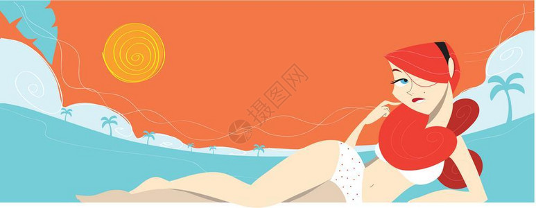 沙滩性感红发感女孩躺在沙滩上插画