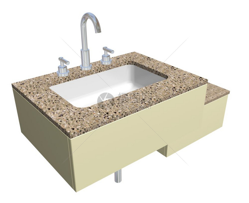 白色内置的广场浴室水槽装有铬龙头和管道固定装置有花岗岩顶台在白色背景下隔离图片