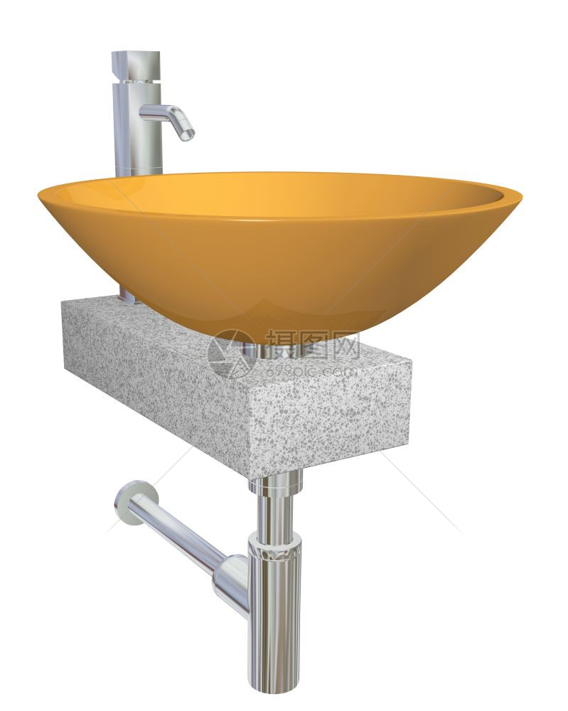 橙色碗玻璃或带有铬水龙头和管道装置的陶瓷槽坐在花岗岩桌或板上白底隔离图片