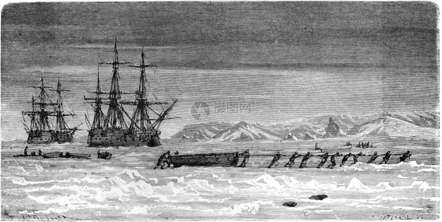 Spitsbergen被困在冰中的船舶古老雕刻插图世界之旅行日报1865年图片