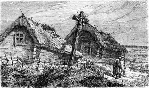 立陶宛村庄入口处的刻有文的古典插图世界之旅行日报1865年图片