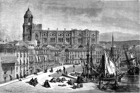 马拉加大教堂和港口世界旅游行日报1865年图片