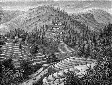 村庄矢量村庄和稻谷山Puerh路古代刻画图世界之旅行日报1872年背景