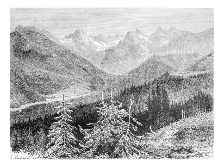 波兰皮涅尼山的TrzyKoronyMassif和白水谷的景象由GVuilier从GustaveleBon博士的照片中绘制世界旅游图片