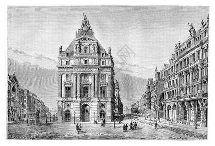 雕刻图比利时布鲁塞尔北部和安斯帕赫大道以及BruckakePlacedeBrouckeeCatenacci根据Levy的一张照片绘制图背景