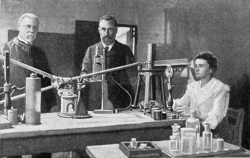 Curie先生和夫人在实验室里刻着古老的插图190年从宇宙和人类那里图片