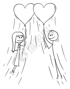 卡通拉着气球飞行的情侣火柴人矢量插图图片