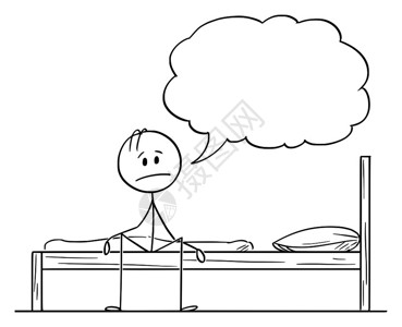 矢量卡通插图绘制疲劳沮丧悲伤或的男人坐在床上用空文本气球或上面的泡说一些话概念插图背景图片