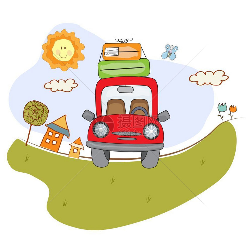 行李箱和红车在路上暑假海报图片
