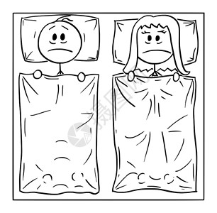 矢量卡通棒图绘制一对躺在床上的夫妇概念插图男人和女可以睡觉思考问题或失眠的痛苦失眠症高清图片素材