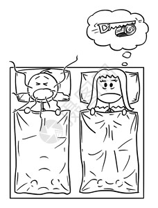 睡眠呼吸暂停矢量卡通插图绘制卧室床上夫妇的概念图男人在打呼噜女可以睡床和男人打呼噜时女可以睡男在打呼噜女可以睡VectorCartoonof插画