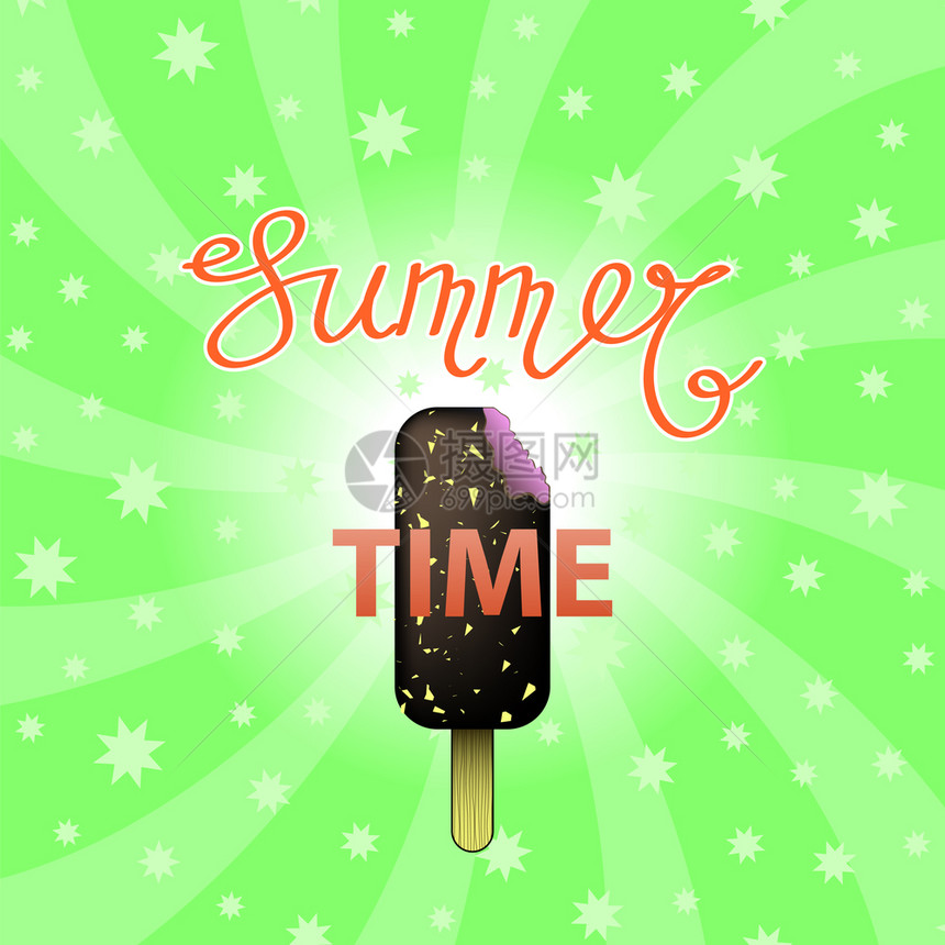 在绿色SwirlStarryBackgground上用冰雪Cream与冰雪Cream发信的夏季文字给徽章图标班纳挂号插图说明贴卡图片