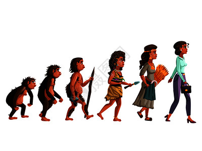 从婴幼儿到成人的成长历程妇女进化矢量漫画插图概念从猴子到女发展进程木卫一的Australopithecus石器时代的猎人和采集者农民到现代时尚女插画