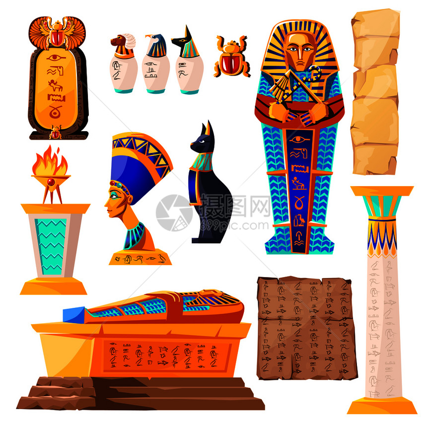埃及文化象征物收藏黄金石棺宗教献祭火古老神雕像和Nefertiti的雕像带有象形晶体和伤疤甲虫的比普勒斯图片