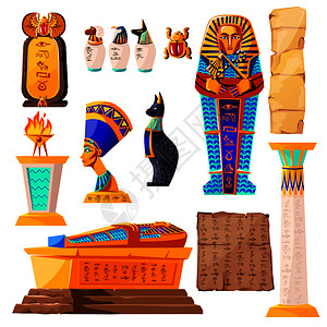 非洲雕塑埃及文化象征物收藏黄金石棺宗教献祭火古老神雕像和Nefertiti的雕像带有象形晶体和伤疤甲虫的比普勒斯插画