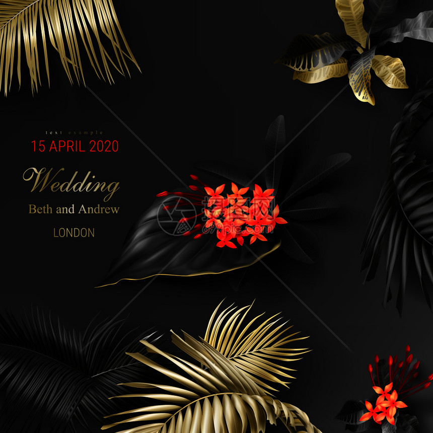热带黑色和金叶子在黑暗背景矢量海报上的深底矢量张贴美丽的植物设计配有金热带丛林棕榈叶异国红色花朵结婚仪式邀请卡圣诞节问候深背景的图片