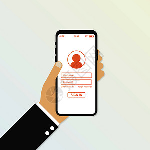 手持智能电话用户登录格式页面并在按钮中签名用户和密码框矢量库存插图背景图片