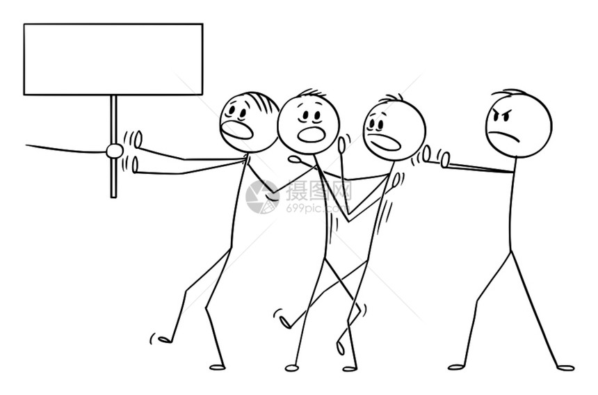 矢量卡通棒图描绘男人或商经理在概念上的插图说明他们强迫团队的其他人做某事或去处手握空标牌人或商的矢量卡通将团队的其余部分强迫做某图片