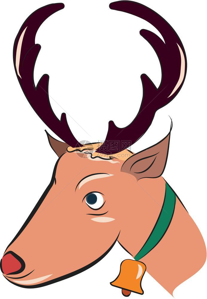一只圣诞驯鹿脖子矢量彩色绘画或插图中带有金铃和绿丝图片
