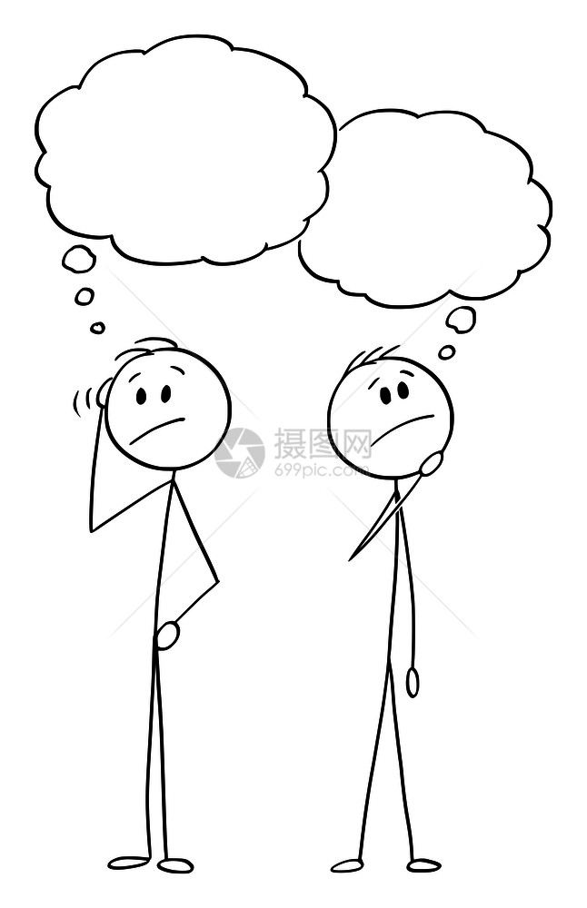 矢量卡通棒图绘制两个男人或商思考问题解决方案的概念插图有空的语音泡沫可以添加您的文本两位男人或商的矢量卡通用空语音泡来思考问题图片