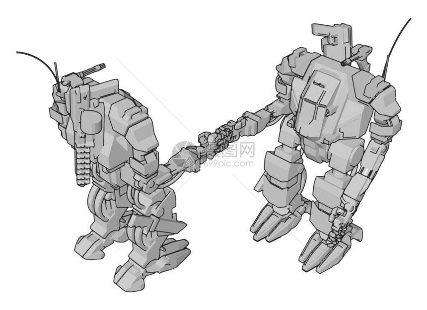 两个握手的灰色机器人简单矢量插图图片