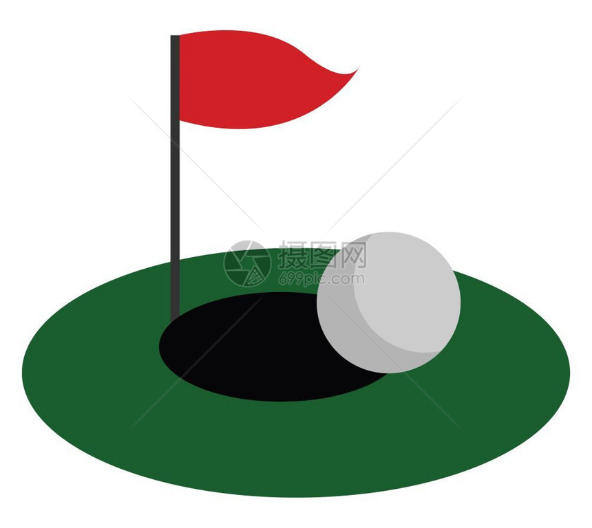 绿色高尔夫球场配有红旗和高尔夫球矢量彩色绘画或插图图片