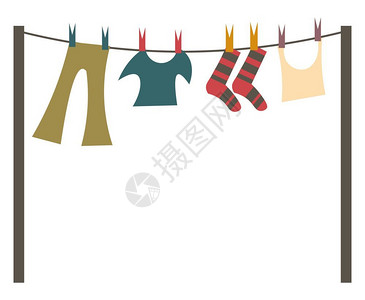 挂衣服一套洗衣机被挂在干燥向量彩色绘画或插图上插画