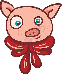 婴儿猪用红色节庆丝带包装饰矢量彩色绘画或插图图片