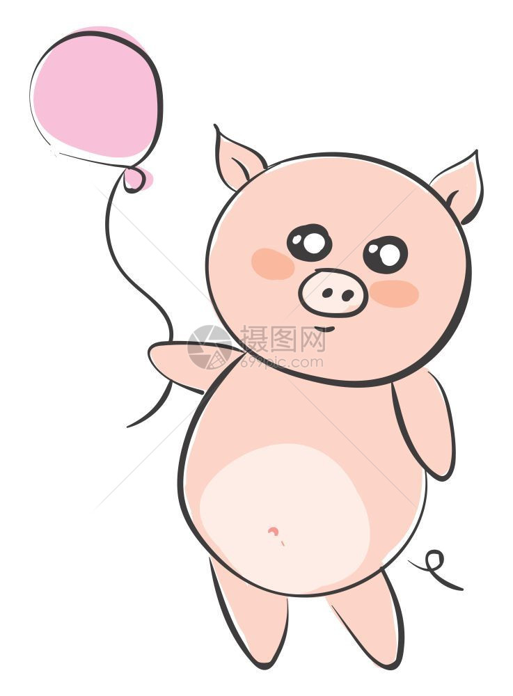 画一只卡通猪的图画其尾和笑脸朝颊微时将粉红色气球挂在脸颊上同时站立矢量彩色图画或插图片