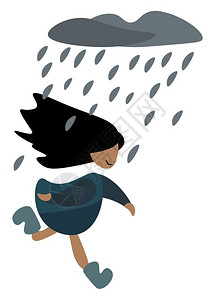 一个穿蓝色衣服的小女孩剪贴板设计在她松散的黑头发上以摆脱雨矢量彩色画或插图插画