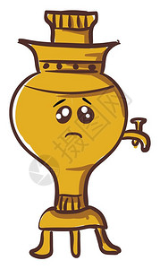 高度装饰的黄茶彩色配有盖子把手将小水龙头抬到前面并配有双腿在站立矢量彩色绘画或插图时表示悲伤插画