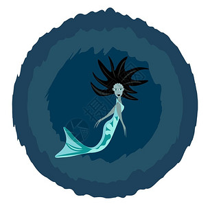 蓝色神秘海洋生物头部和后箱有女人尾鱼类矢量彩色图画或插背景图片