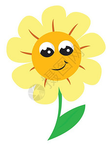 一个微笑的向日葵带着一朵花头外面有黄色的光花纹外面有棕色圆盘花纹有苗条和一小片绿叶矢量彩色图或插背景图片