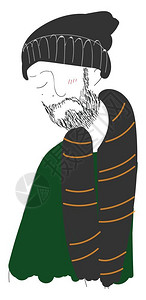 一个长胡子的灰帽围巾和绿色衬衫卡通矢量彩色绘画或插图图片