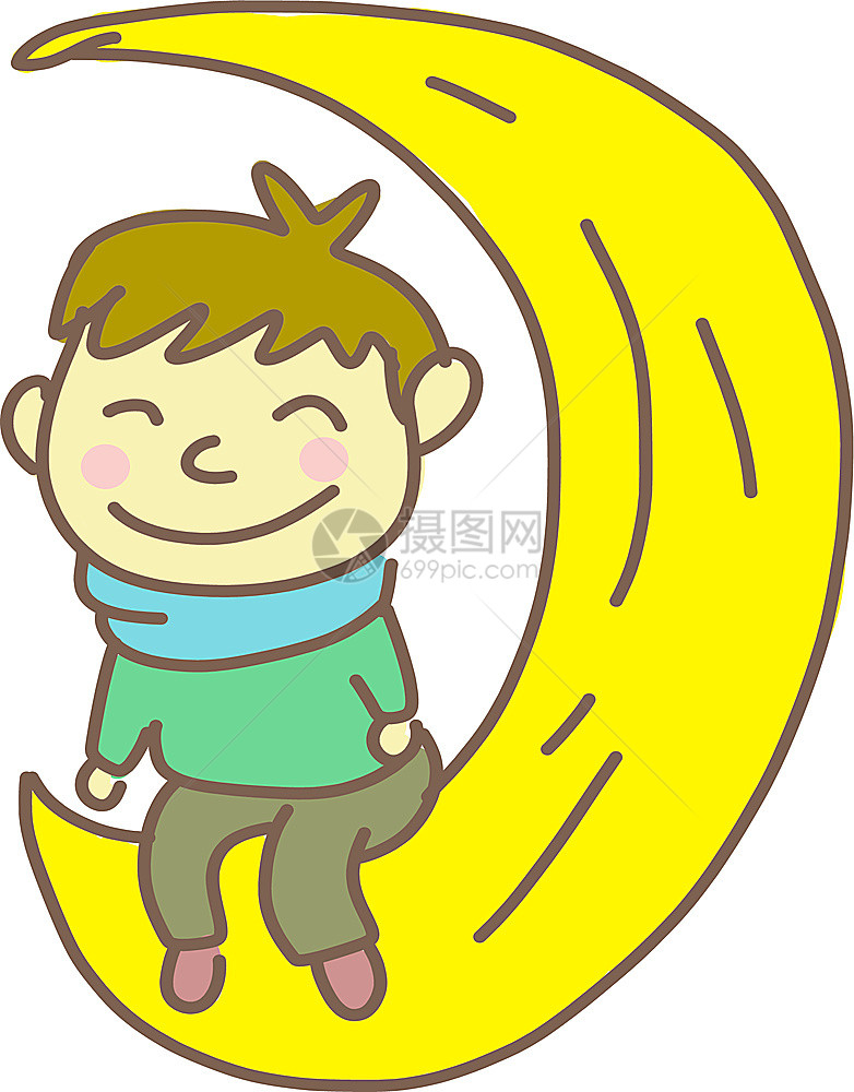 一个带着粉红脸颊绿色衬衫和蓝围巾的快乐男孩坐在月球卡通矢量彩色画或插图图片