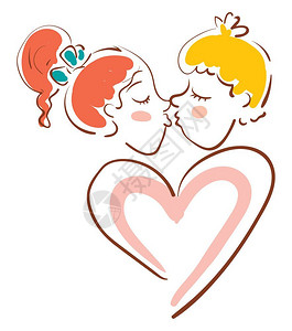 红发女孩和黄男与心形涂鸦矢量彩色绘画或插图接吻图片