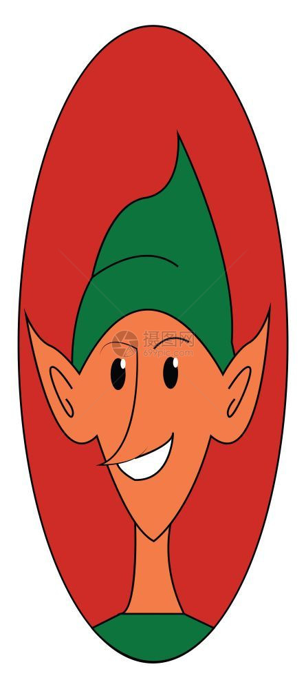 一个快乐的小精灵尖耳朵绿色帽子矢量彩色画或插图图片